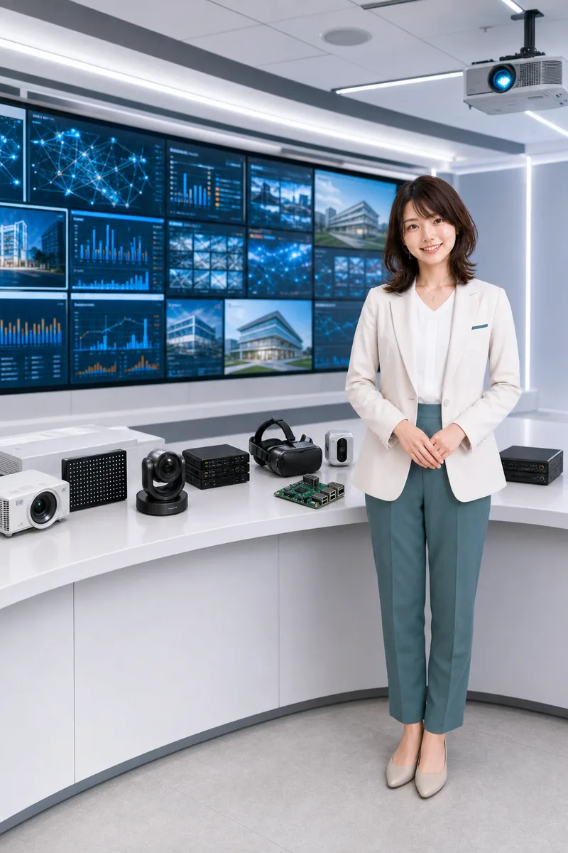 大型ディスプレイと制御画面を確認する女性