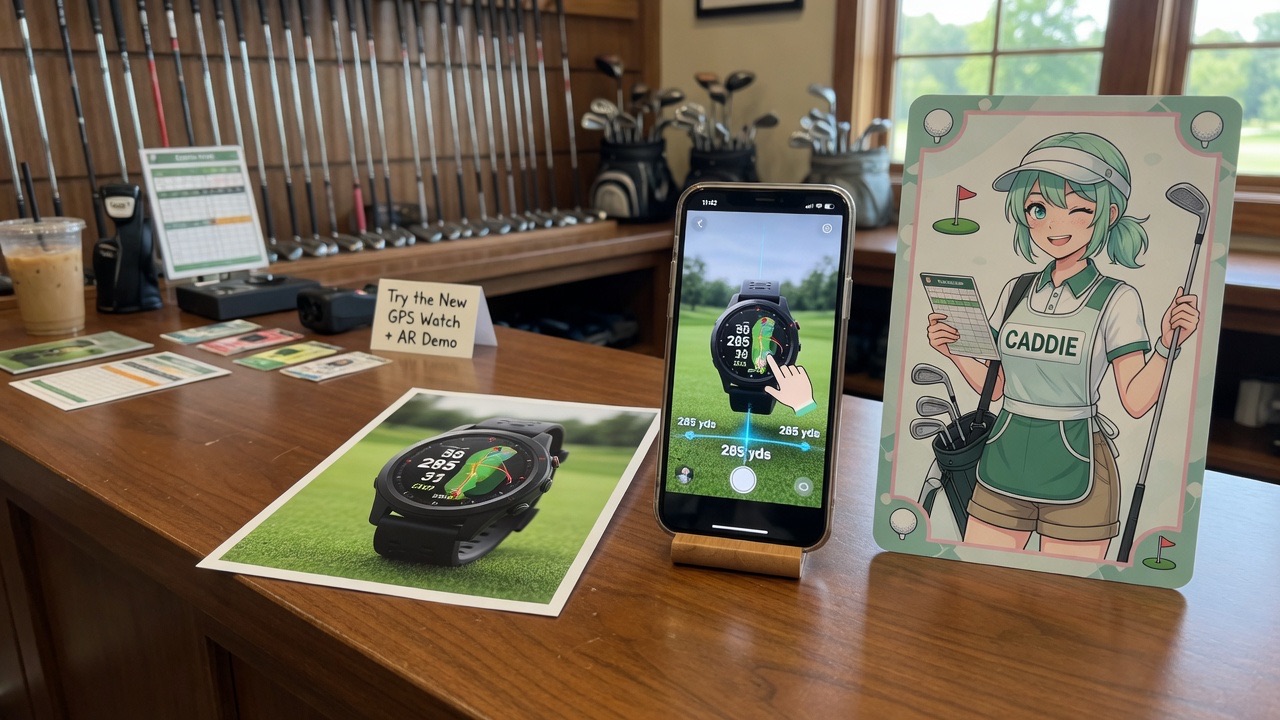 ゴルフショップのカウンターに距離計の印刷とスマホAR、キャディカードが並ぶ
