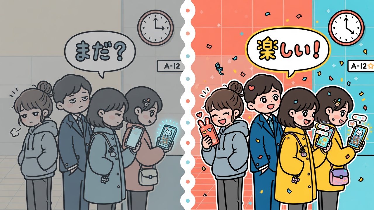 暇な待ち列と、スマホで遊べる待ち列の対比