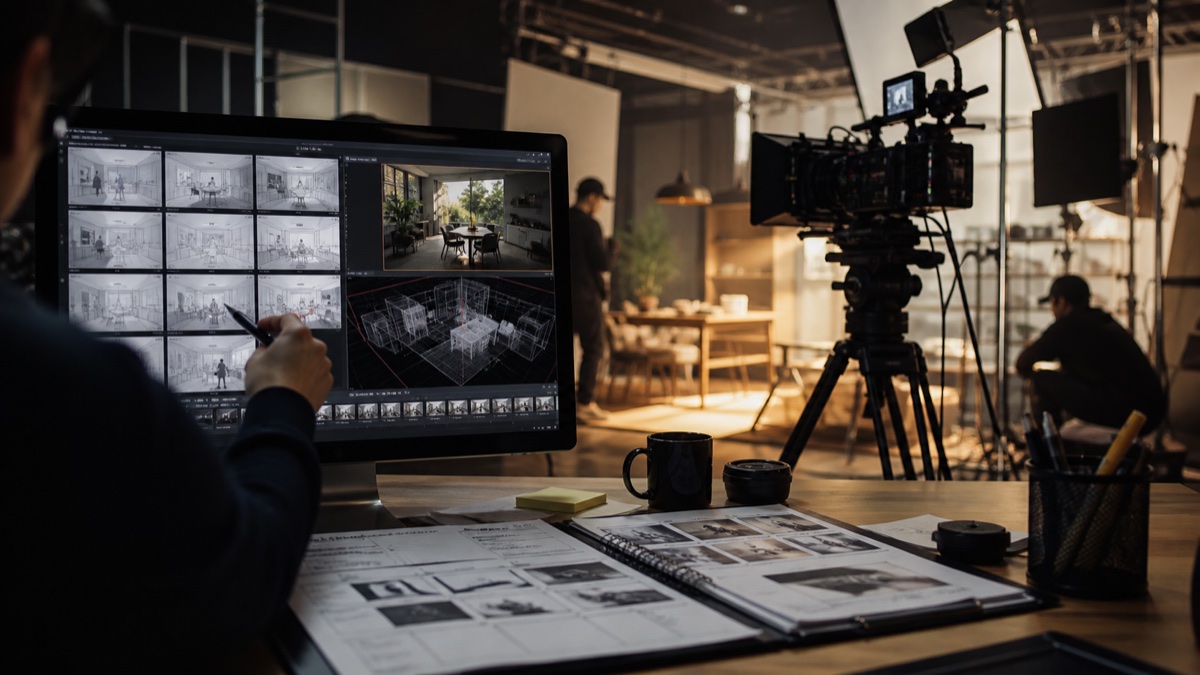 AI Vコンを確認しながら実写撮影とCG本制作を進めるスタジオ