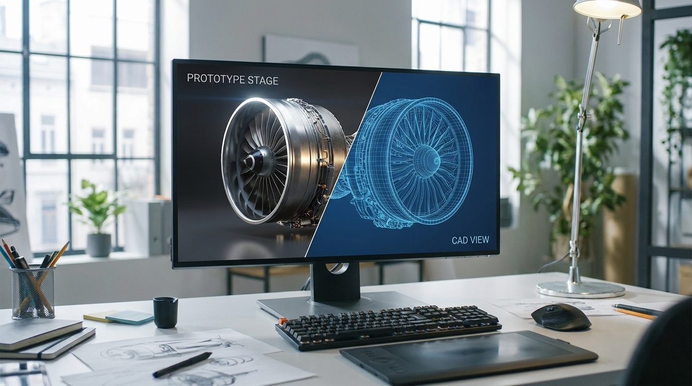 画面上で写実的な3DCGレンダーから設計のCADワイヤーフレームへ切り替わるビジュアライゼーション