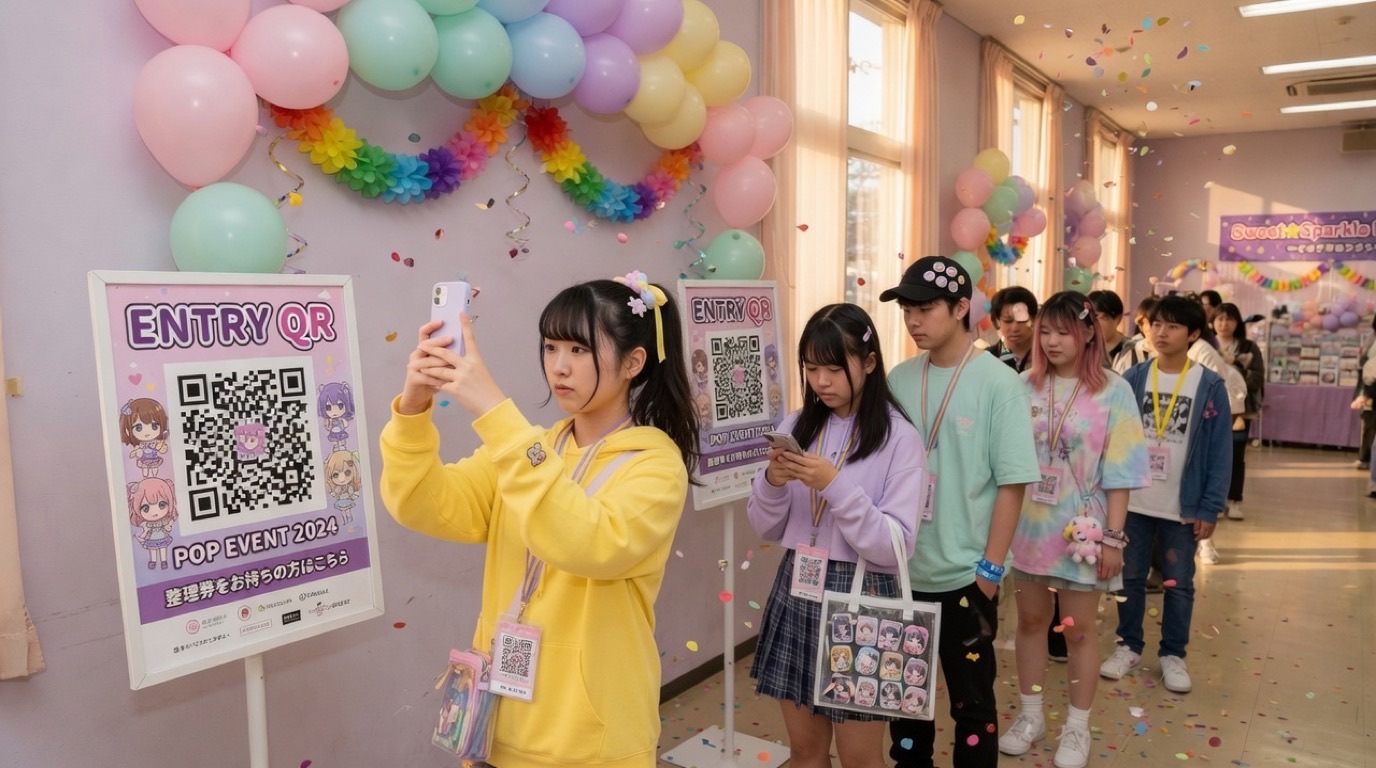 待機列の脇看板のQRコードを、黄色い服の来場者がスマートフォン1台で読み取っている様子