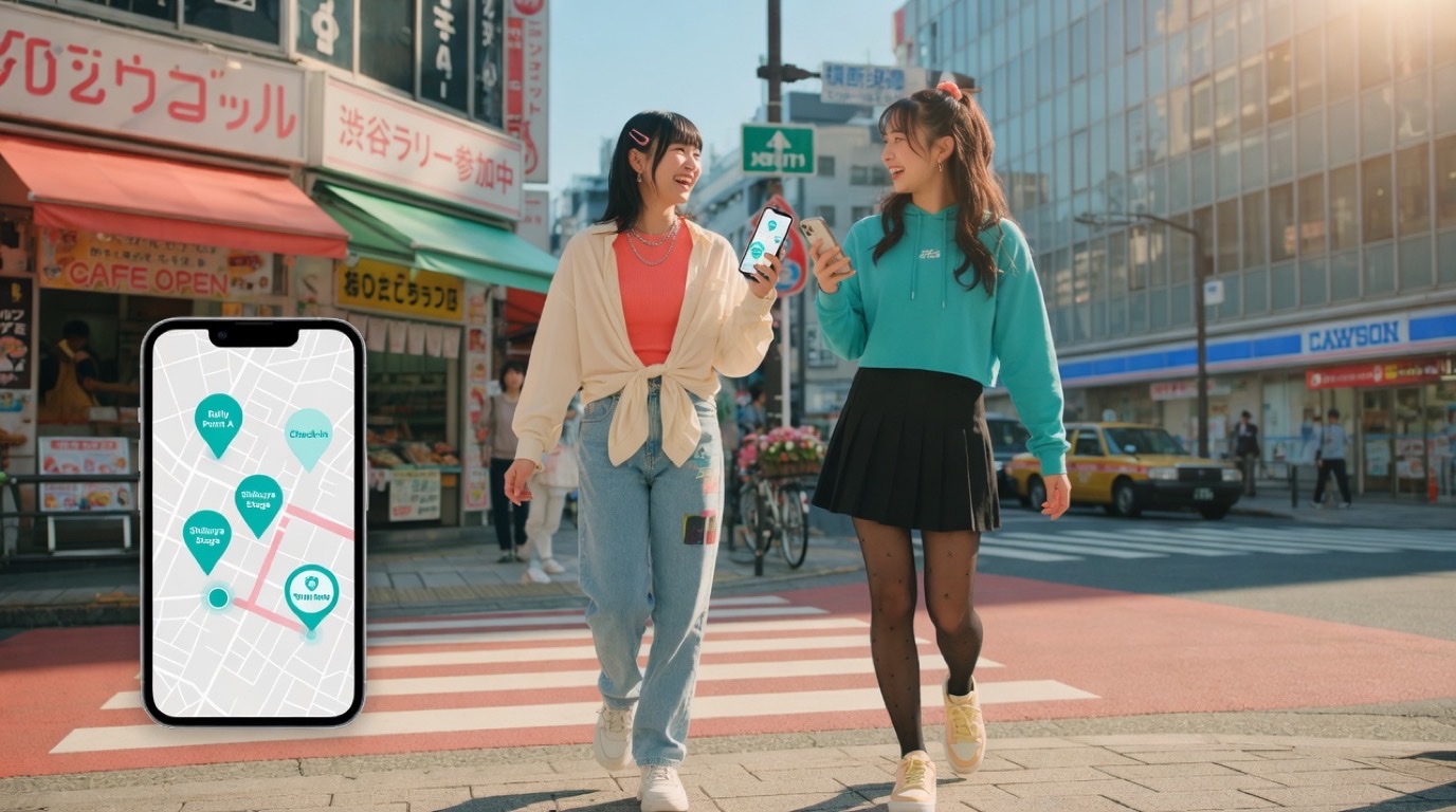 日本人の若い女性二人がスマホを片手に街を歩き、回遊ラリーを楽しんでいる様子