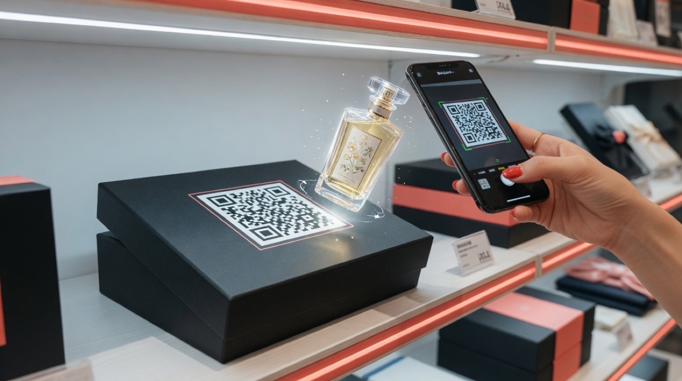 化粧品パッケージのQRから商品の3Dビューが開くイメージ