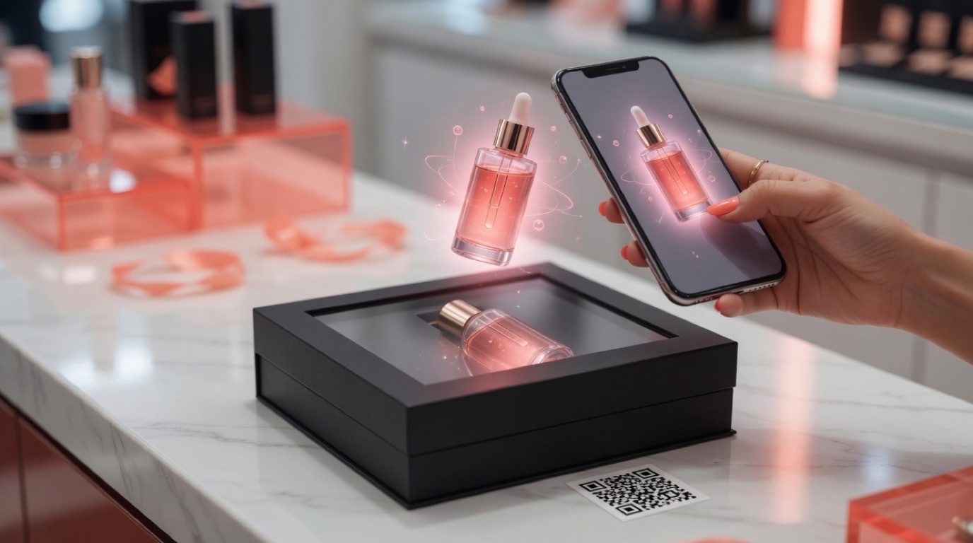 商品が写ったパッケージの下に小さなQRがあり、スマートフォンで中身の3Dプレビューを見ている様子
