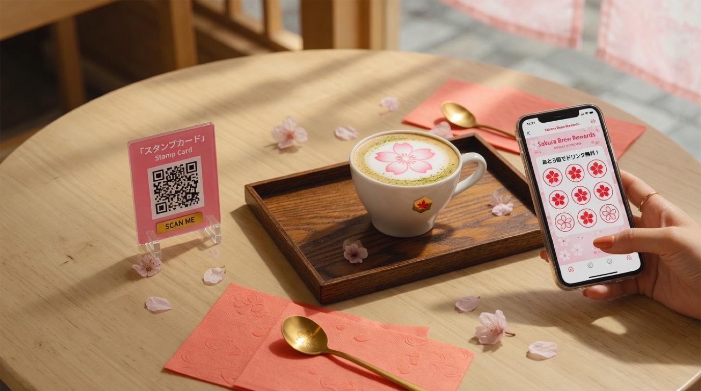 お盆の外に置いた卓上QRスタンドを読み取り、スタンプカードがスマートフォンに表示されている様子
